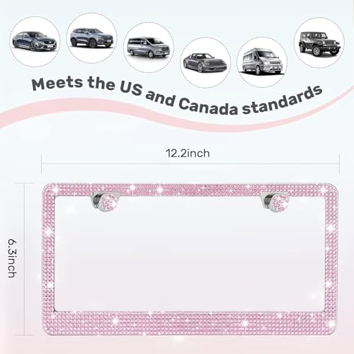 2 Pack License Plate Frames for Women, Sparkly Rhinestone Diamond Car Accessories with Glitter Crystal Caps (Pink (2PCS)) - color: Pink (2PCS)