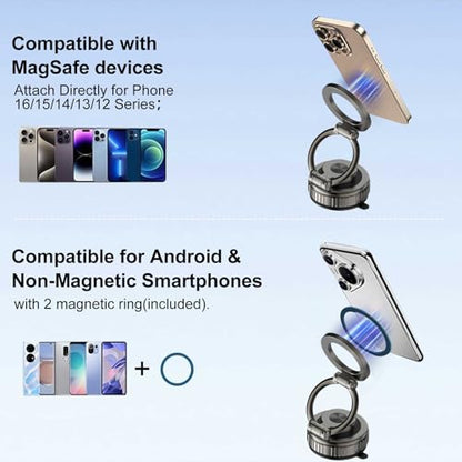 Phone Holders for Your Car, [80+LBS Strongest Suction & 2800gf Magnetic] 360° Adjustable Foldable Vacuum Magnetic Suction Car Cell Phone Holder Mount Compatible for MagSafe iPhone Car
