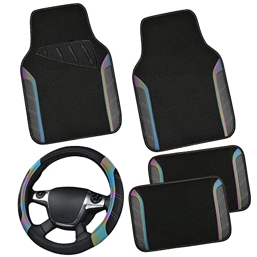 CAR PASS Leather Steering Wheel Cover and Waterproof Car Floor Mats,Microfiber Universal Car Combo Fit for 95% Sedan,SUV,Cars,14.5-15inch Sporty Anti-Slip Safety Comfortable Design(Black＆Reflective) - color: Black＆Reflective