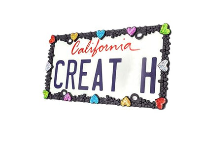 Creathome 3D Shining Daisy Heart License Plate Frame from Pure Zinc Alloy Metal Perfect Plate Holder, Matt Black with Colorful Glitter, Luminously Heart - color: Matt Black with Colorful Glitter, Luminously Heart