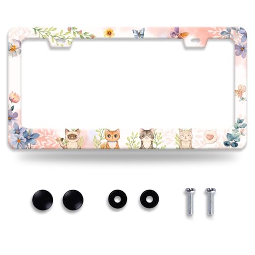 Cat License Plate Frame Beautiful Butterflies Flowers License Plate Holder Funny Personalise Car Stainless Stee Decorative Parts for Standard Us Canada Vehicles 12x6 Inch for Women Men - color: Cat