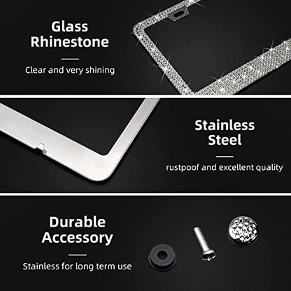 Bling Rhinestone License Plate Frame for Women 2PC，Diamond Sparkly License Plate Frames| Stainless Steel Frames & Over 1200 pcs Finest 14 Facets Black Glass Crystals Premium Diamond+GiftBox(White) - color: White-2PK