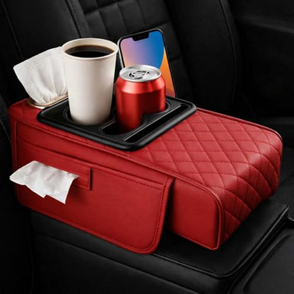 2026 Multifunctional PU Leather Car Armrest Box Mat,5-in-1 Center Console Cover with Cup Holder with 2 Storage Bags,Tissue Box Slot, Phone Slot,Universal Car Armrest Storage Bag (Red) - color: Red