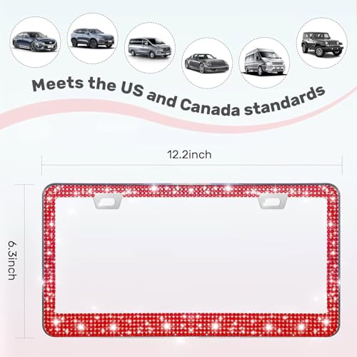 2 Pack License Plate Frames for Women, Sparkly Rhinestone Diamond Car Accessories with Glitter Crystal Caps (Red(2PCS)) - color: Red(2PCS)