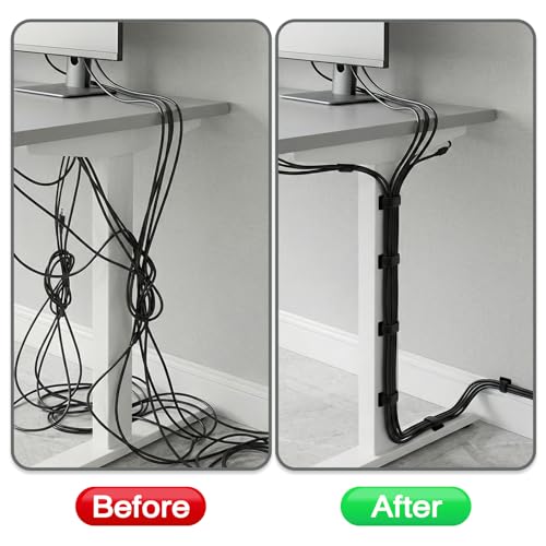 Under Desk Cable Management, Self-Adhesive Hook and Loop Straps, Adjustable Reusable Wire Organizer for Home Office Essentials (20 Pairs) - color: Black