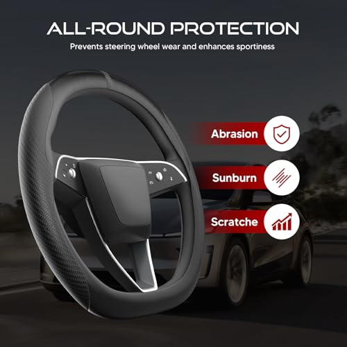 Ultra-Thin Nappa Leather Steering Wheel Cover for Tesla Model 3/Y 2016-2025, Non-Slip Textured Breathable Tesla Model 3/Y Steering Wheel Protector - color: Carbon Fiber