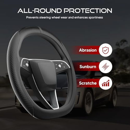 Ultra-Thin Nappa Leather Steering Wheel Cover for Tesla Model 3/Y 2016-2025, Non-Slip Textured Breathable Tesla Model 3/Y Steering Wheel Protector - color: Carbon Fiber