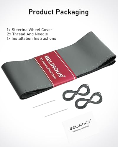 Belinous Leather Steering Wheel Cover Lace Up, Stitch on Steering Wheel Wrap, Universal Fit 13-20 Inch Car Truck Pickup Boat, A Whole Piece of Cowhide, DIY w/Needle Thread (Size L0, Gray) - color: Gray, size: L0
