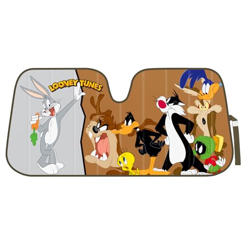Looney Tunes Car Windshield Sun Shade for Front Window, Officially Licensed Car Sun Shade with Bugs Bunny Taz Daffy Duck and Friends Graphic, Accordion Style Sun Visor Sunshade for Car Windshield - color: Looney Tunes Bugs & Friends