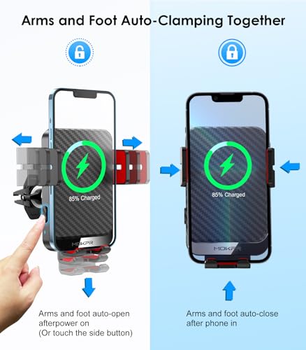 Wireless Car Charger, MOKPR 15W Fast Charging Auto-Clamping Phone Mount Air Vent Cell Phone Holder Compatible with iPhone 16 15/14/13/13 Pro/12 pro/12, for Samsung Galaxy S23/S22/S21/S20, Red - color: Red Arm