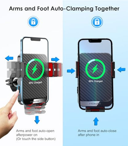 Wireless Car Charger, MOKPR 15W Fast Charging Auto-Clamping Phone Mount Air Vent Cell Phone Holder Compatible with iPhone 16 15/14/13/13 Pro/12 pro/12, for Samsung Galaxy S23/S22/S21/S20, Red - color: Red Arm