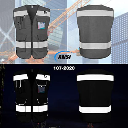 TCCFCCT High Visibility Vest 9 Pockets Hi Vis Reflective Safety Vest for Men Women, Construction Vest with Reflective Strips, Meets ANSI/ISEA Standards, (Grey, Small) - color: Grey Fabric-bison 001, size: Small
