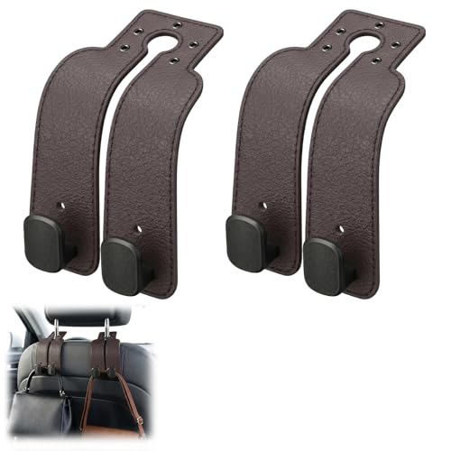 Headrest Hooks for Car, Car Seat Back Organizer Storage Hook, Double Hook Car Seat Hooks for Hanger Purses and Bags, Leather Purse Holder for Car (Brown) - color: Brown