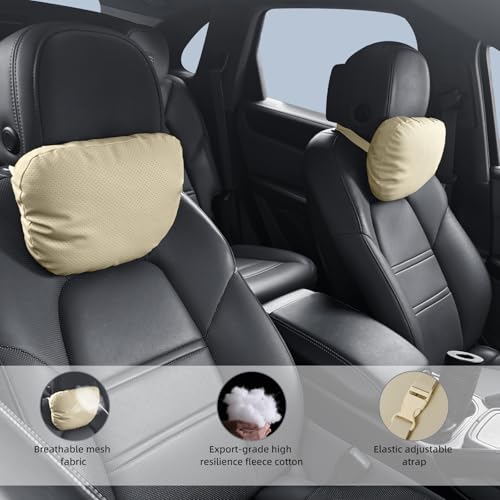 Car Neck Pillow, 2 Pack PU Leather Car Headrest Pillows with Adjustable Strips, Car Neck Support Ergonomic Du-Pont Bio Cotton Pillow, Head Rest Travel Pillow for Car (Beige, Soft Style) - color: Beige