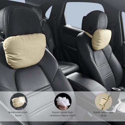 Car Neck Pillow, 2 Pack PU Leather Car Headrest Pillows with Adjustable Strips, Car Neck Support Ergonomic Du-Pont Bio Cotton Pillow, Head Rest Travel Pillow for Car (Beige, Soft Style) - color: Beige