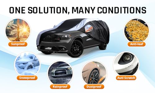 Dodge Durango Car Cover Waterproof All Weather with Silver Strip Design, Custom Fit for Dodge Durango 2005–2025, Durango Accessory with Door Zipper & Windproof Straps - size: Custom Fit Dodge Durango