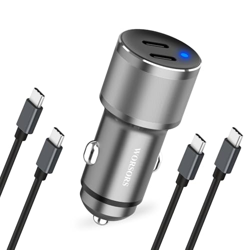 Dual 45W USB C Car Charger, 90W Max Super Fast Charging, All Metal 12V Cigarette Lighter Adapter for iPhone 17 Pro Max/16/15/iPad, Samsung Galaxy S26+/S25, Google Phones with 2 Type C Cable 3.3ft Gray - color: Gray
