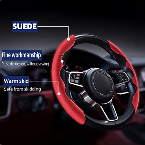 New Fluffy Anti-Skid Steering Wheel Cover Segmented Protector Safe and Non Slip Car Accessory and Durable Easy to Install for Steering Wheels of Universal Fit 99% Car (Suede Material Red) - color: Suede material Red