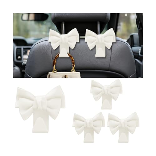 Car Seat Headrest Hooks, 4PCS Cute Bow Vehicle Seat Back Hanger Storage Hook, Automotive Interior Headrest Organizer for Handbag Purse Coat, Universal for SUV Sedan Truck (White) - color: White
