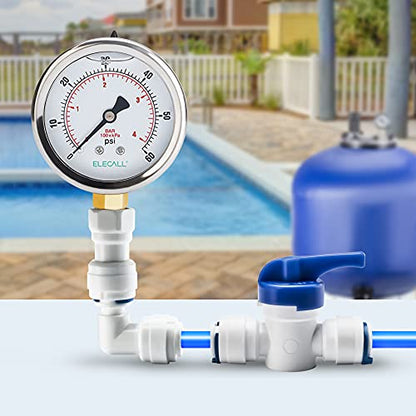 2-1/2" Glycerin Liquid Filled Air Pressure Gauge, 0-60Psi, 1/4”NPT Lower Mount, Stainless Steel Case, Brass Internals, Water Pressure Gauge - size: 0-60 Psi