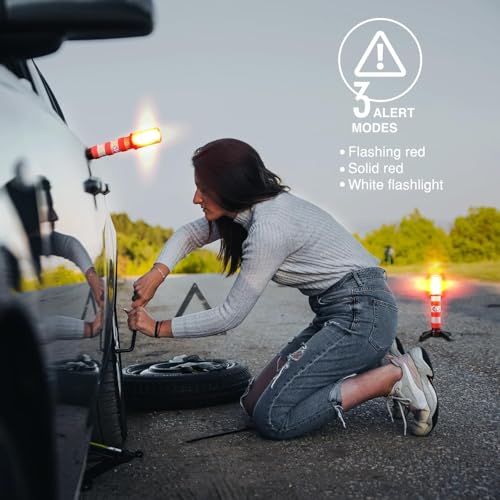XTREME STP LED Road Flares, 3 Alert Lighting Modes: Flashing Red, Solid Red & White Flashlight, Emergency Flares for Vehicles, Visible From Up To A Mile, Foldable Stand/Built-In Magnet Sticks To Car - size: 4 Pack