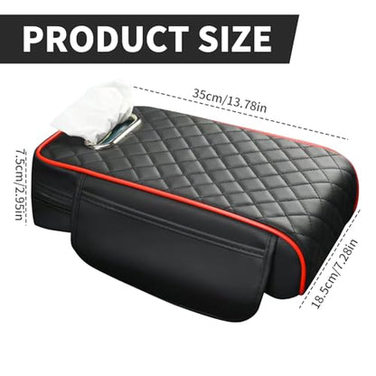 Car Center Console Cover, Leather Car Armrest Box Pad with Pocket and Tissue Box Arm Rest Cushion Universal Car Seat Box Cover Car Interior Accessories for SUV/Truck/Vehicle (Black+Red)