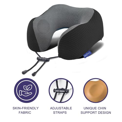 napfun Neck Pillow for Travel with Travel Pouch, Sleep Mask & Earplugs, Memory Foam Airplane Pillow for Headrest Sleep with Eyeshades, Plane Essentials with Eye Blindfold, Black Striped Kit - color: Black Striped Kit