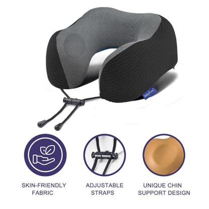 napfun Neck Pillow for Travel with Travel Pouch, Sleep Mask & Earplugs, Memory Foam Airplane Pillow for Headrest Sleep with Eyeshades, Plane Essentials with Eye Blindfold, Black Striped Kit - color: Black Striped Kit
