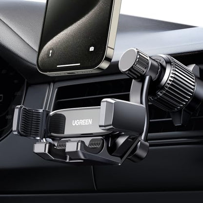 UGREEN Car Phone Holder Vent Phone Mount, Never Blocking Air Vent Clip Cellphone Holder Compatible with iPhone 17 16 15 14 13 12 Pro Max Mini Plus, iPhone 11 SE XS XR 8 7 6 6S Smartphone, Black