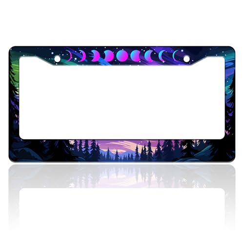 Moon Phases Aurora Forest License Plate Frame Night Sky Stainless Steel License Plate Holder for Front or Rear Car Tags Funny for Car Decoration Accessories with Screws 6.3 X 12.2 in for Women Men - color: Moon Phases Aurora Forest