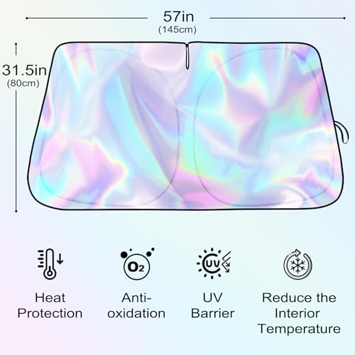 Iridescent Sun Shade for Car Windshield, Foldable Universal Car Windshield Upgrade Sunshade Enhanced UV Rays Reflective Sun Visor Shade Keeps Vehicle Cool - color: Silver- Colorful, 57"x31.5"