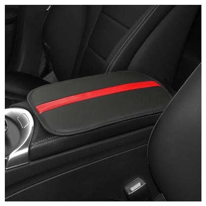 Leather Car Center Console Cover,Striped Patchwork Car Armrest Cover for Protecting Car Armrest Box & Car Decorations,Universal Car Accessories Interior Fits Cars,SUVs,Trucks (Black/Red)