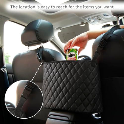 Car Net Pocket Handbag Holder，Purse Holder for Between Seats，Leather Seat Back Organizer Mesh Large Capacity Bag，Handbag Between The Two Seats - color: Black