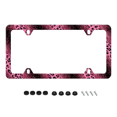 Pink Leopard Print License Plate Frame Cheetah Animal License Plate Holder Stainless Steel Auto Parts Decoration for Men Women License Plate 4 Holes 1pcs with Screws Strong Durable - color: Pink Leopard Print, size: one size