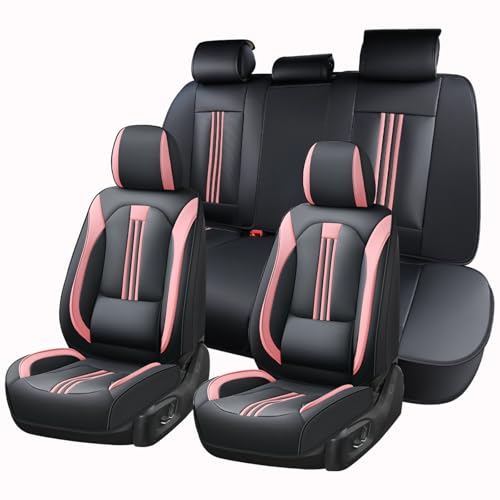 Huidasource Car Seat Cover, Seat Covers Nappa Leather with Lumbar Support, Side Elastic Fabric, Velcro Adjustable, Airbag, Ventilation Heating, Universal Fit for Most Cars SUV Trucks, Black＆Pink - color: FS# Black&Pink01, size: 5pcs Full Set