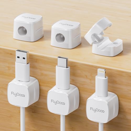 6 Pack Magnetic Cable Clips, FlyCoco Cell Phone Cord Holder for Nightstand, Cord Organizer for Side Table, [Smooth Adjustable] Mini Cube Cord Holder for Home Office Desk Phone Car Wall Desktop(White) - color: White