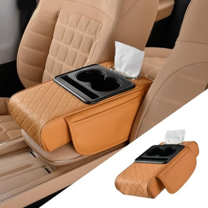 Car Center Console Pad Leather Armrest Pad w/Cup Holder, Tissue Box Slot, Side Bag, Phone Slot for Car Sedans (Quilted, Orange) - color: Orange, style: Quilted