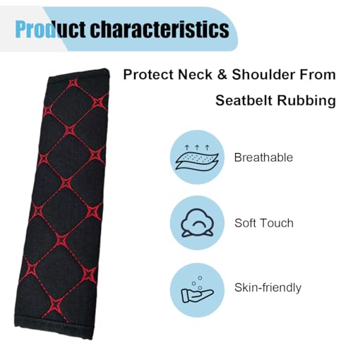 2PCS Car Seat Belt Cover, Cotton Linen Car Safety Seat Belt Pads, Harness Shoulder Pads Protect Your Neck, Universal Car Strap Protection Accessories for Cars, Trucks, SUVs (Black＆Red) - color: Black＆Red