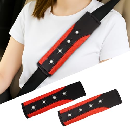 Hovom 2PCS Bling Car Seat Belt Cover Pad, Leather Seatbelt Covers for Cars, Soft Safety Seatbelt Shoulder Strap Covers, Rhinestone Auto Seat Belt Protector Cushion for Women Girls (Red) - color: Red