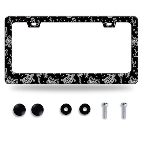 Turtles License Plate Frame Black and White Sea Turtle License Plate Stainless Steel Funny License Plate Holder Men Women Ocean Animal Car Accessory Decoration 12.3" x 6.3" - color: Black White Ocean Animal Turtles