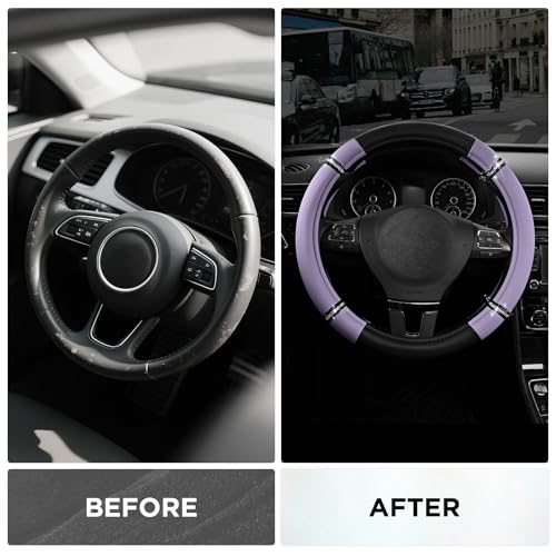 Road Comfort Leather Steering Wheel Cover – Premium Anti-Slip Car Steering Wheel Grip Cover – Universal Fit for 14.5”–15” Cars, Trucks & SUVs - Purple - color: Purple
