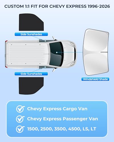 for Chevy Express 1996-2026 Cargo Van Windshield & Side Window Sun Shade Accessories, Privacy Window Covers for UV Blocker ＆ Heat Protector, 3Pcs Window Shades for Napping Camping - size: For Chevy Express 1996-2026