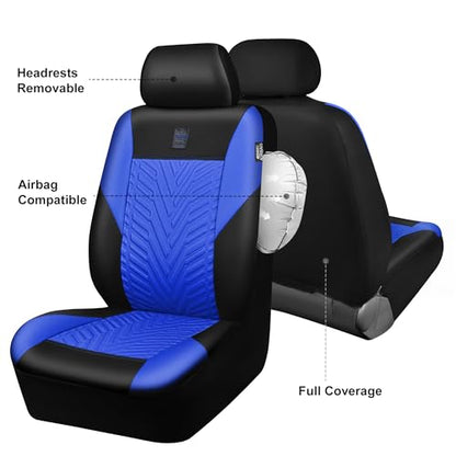 CAR PASS Deluxe Faux Leather Car Seat Covers 2 Front Seats Only, 3D Tyre Embossed Waterproof Front seat Covers, Airbag Compatible, Durable Universal Fit Seat Covers for SUV Truck Automotive (Blue) - color: Black and Blue