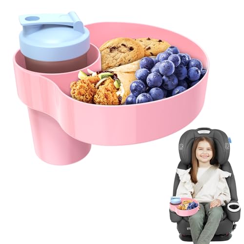 Car Seat Cup Holder Snack Tray for Kids – Toddler Travel Tray with Fixed Twist Base for Car, Booster, Stroller, Outdoor Essentials Kit. Universal for Snacks, Toys, Food, Drinks (1, Pink) - color: Pink