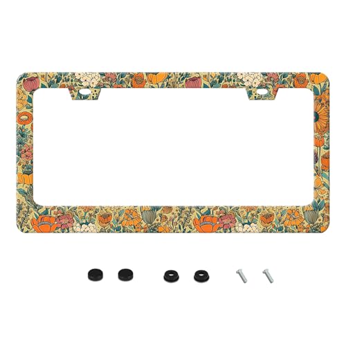 Beautiful Floral Print License Plate Frame Funny Stainless Steel Vintage Flower License Plate Frames Auto Parts Decoration with Screws License Plate Holder for Men Women 12x6 Inch - color: Beautiful Floral Print, size: one size