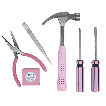 Household Tool Box - 7-Piece Handheld Tool Kit With Hammer, Phillips Screwdrivers, Long-Nose Pliers, Tweezers, and Tape Measure by Stalwart - color: Pink