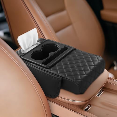 5-in-1 Universal Car Center Console Cover with Cup Holder, Upgrade Armrest Cushion for Car with Side Storage, PVC Leather Armrest Cover Pad with Phone Slot & Tissue Holder, Black - color: Black