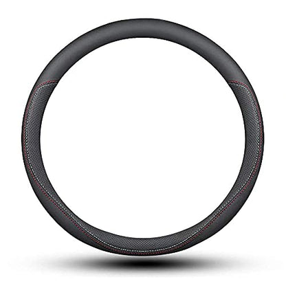 Carodi Latest Nappa Leather car Steering Wheel Cover, Stylish Non-Slip Leather car Interior 15 inches Universal（Black） - color: Black (red and blue lines)