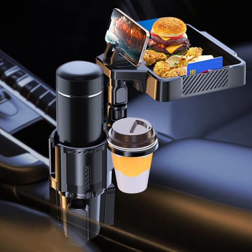 Car Food Tray with Expandable Cup Holder Tray and 360°Phone Stand,4 in 1 Detachable & Rotation car Tray with 2 Cup Holder Adapter with Expandable Base for car,Travel Road Essentials