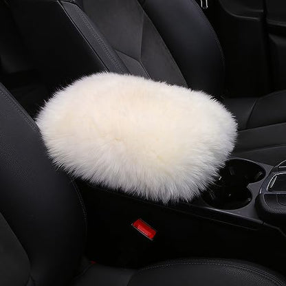 Genuine Sheepskin Center Console Cover Pad Genuine Furry Fluffy Wool Fur Car Armrest Cover Protector Universal Fit for SUV/Truck/Car - color: Long Wool-Pure White